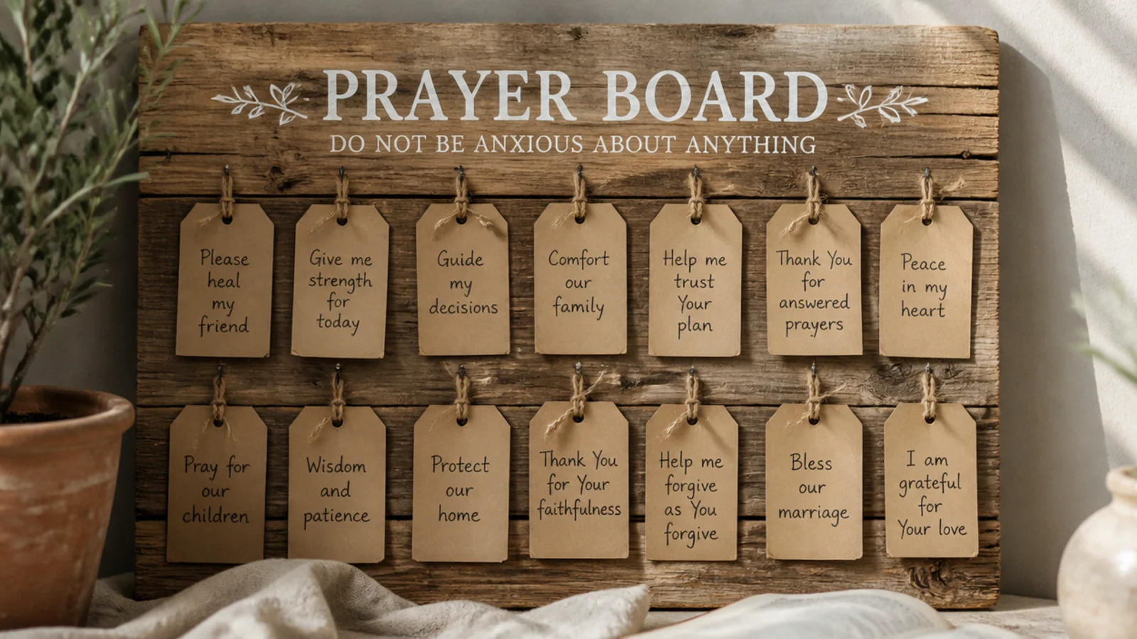 A rustic board with kraft-paper tags tied with twine holding handwritten verses and requests.