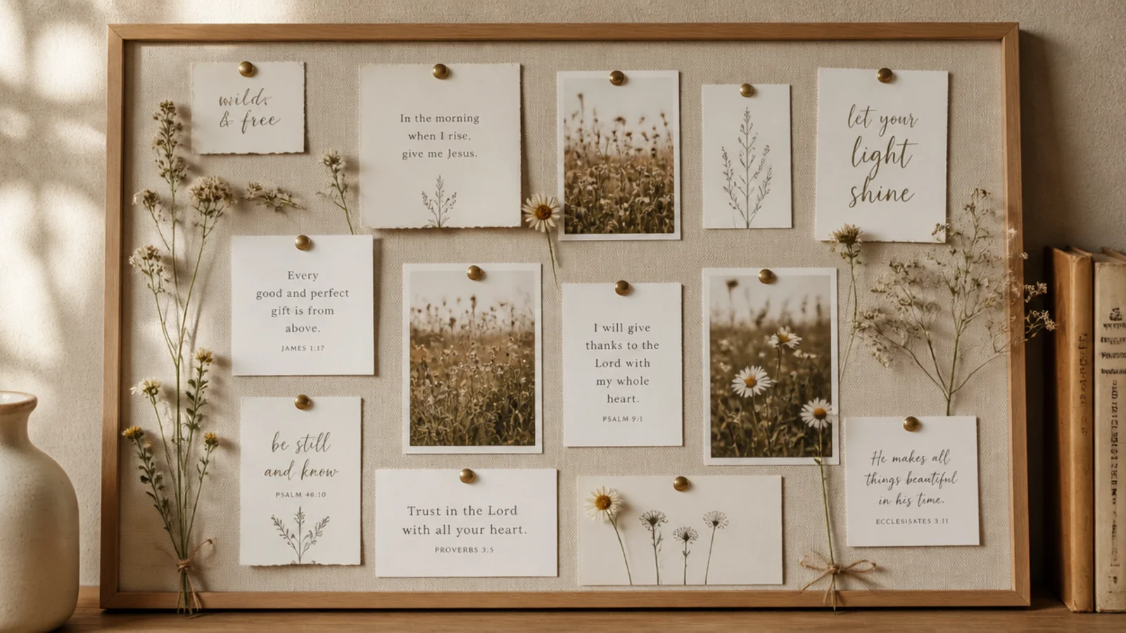 A board with delicate wildflower stems and airy verse cards evoking a soft summer meadow.