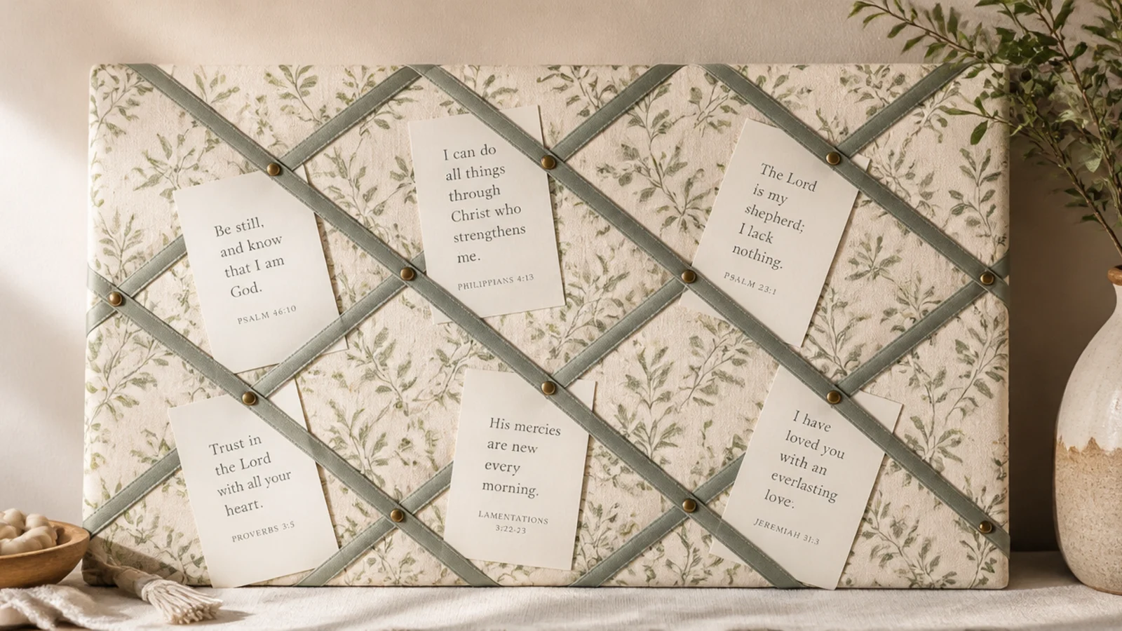 A padded fabric board with a diagonal ribbon lattice tucking verse cards behind crossing ribbons.