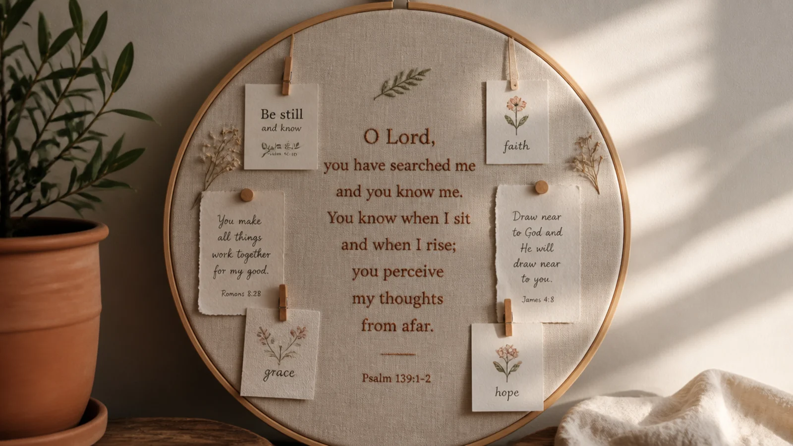 A round embroidery hoop framing linen with a central verse and a few small clipped cards.
