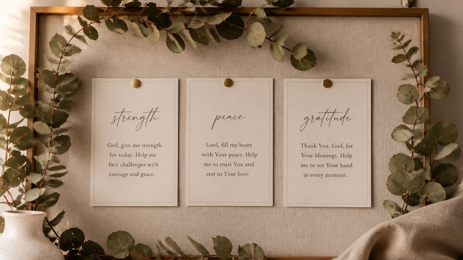 A neutral board draped with dried eucalyptus greenery framing simple cream verse cards.