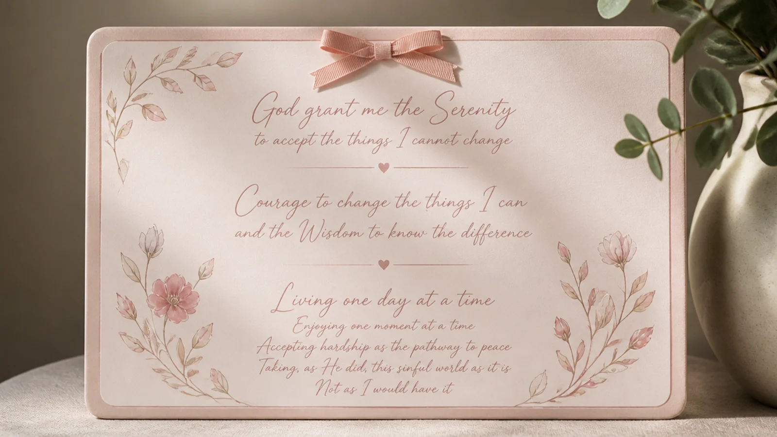 A soft board in blush pink and cream with delicate script verses and a small ribbon bow.