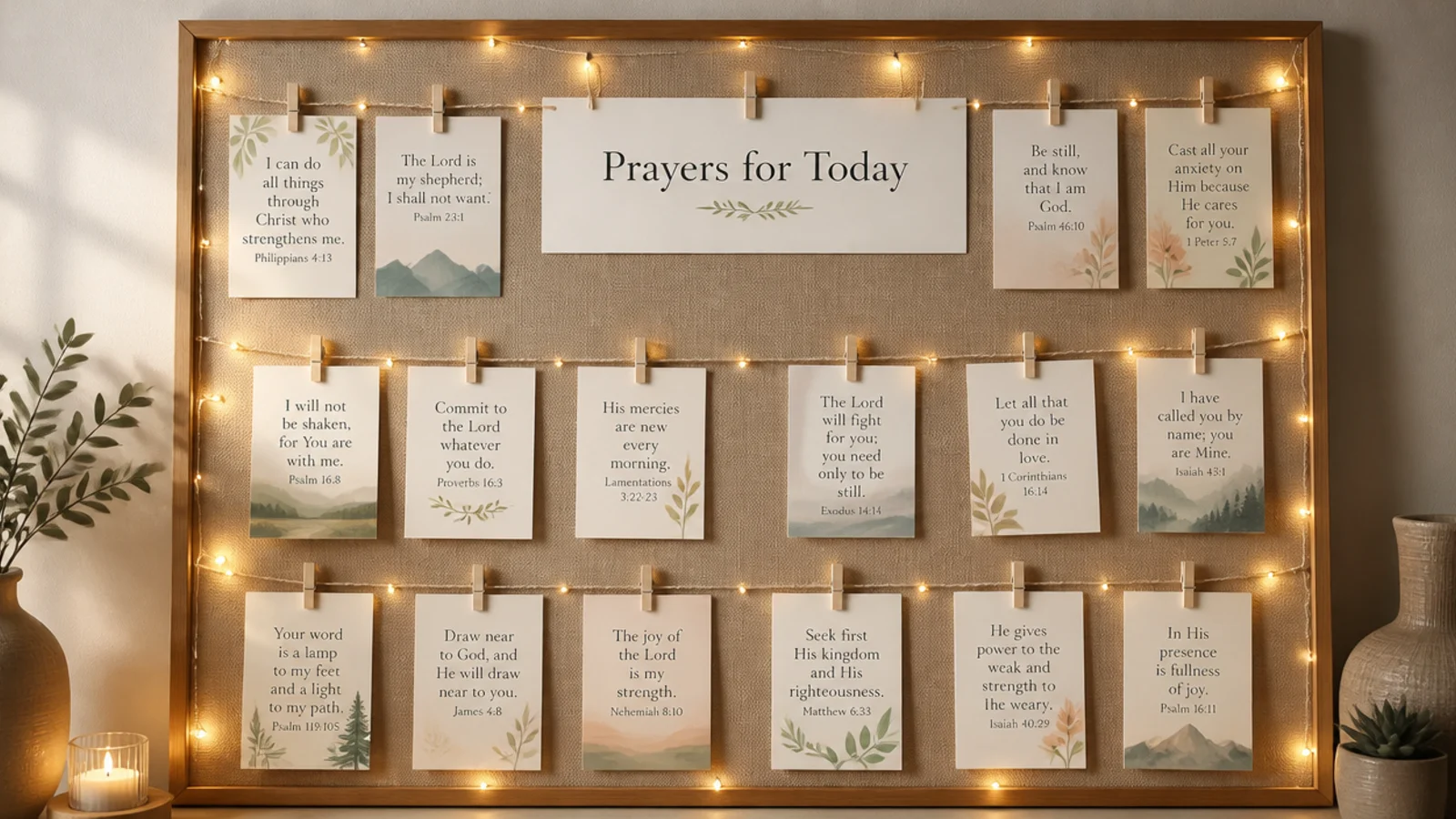 A cozy board edged with warm mini fairy lights clipping verse cards in soft glowing rows.