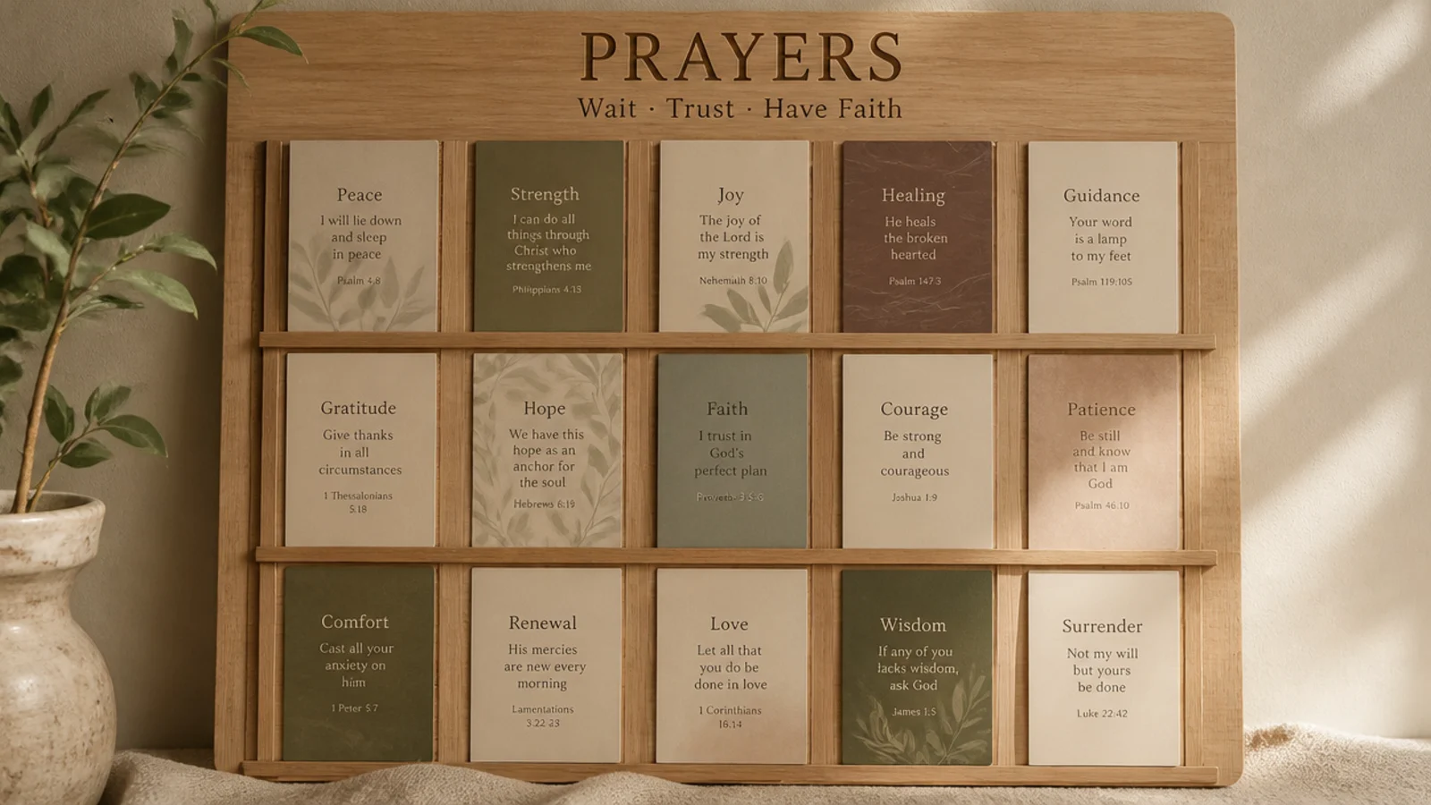 A natural wood board with a thin slat lattice holding cards slotted between the crossing strips.