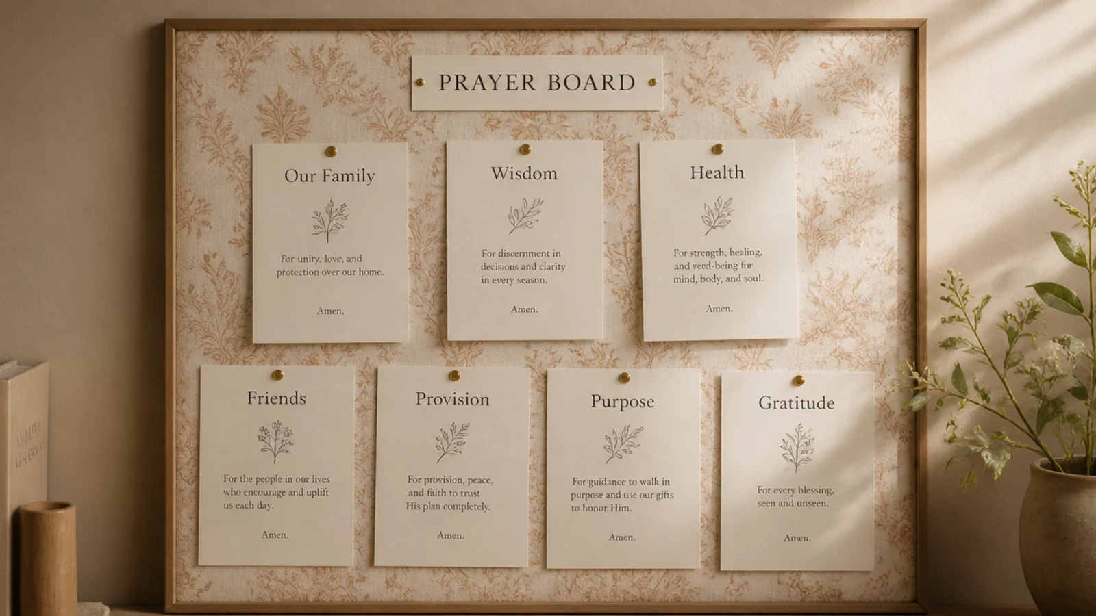 A pinboard covered in a subtle floral linen print with plain cream cards pinned over it.