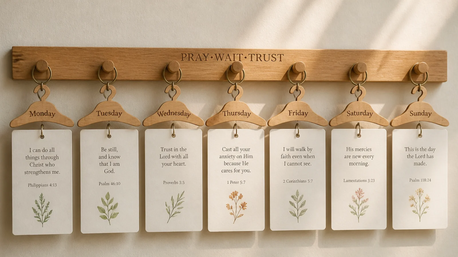 A slim wooden peg rail with verse cards and small hangers dangling from the pegs in a neat line.