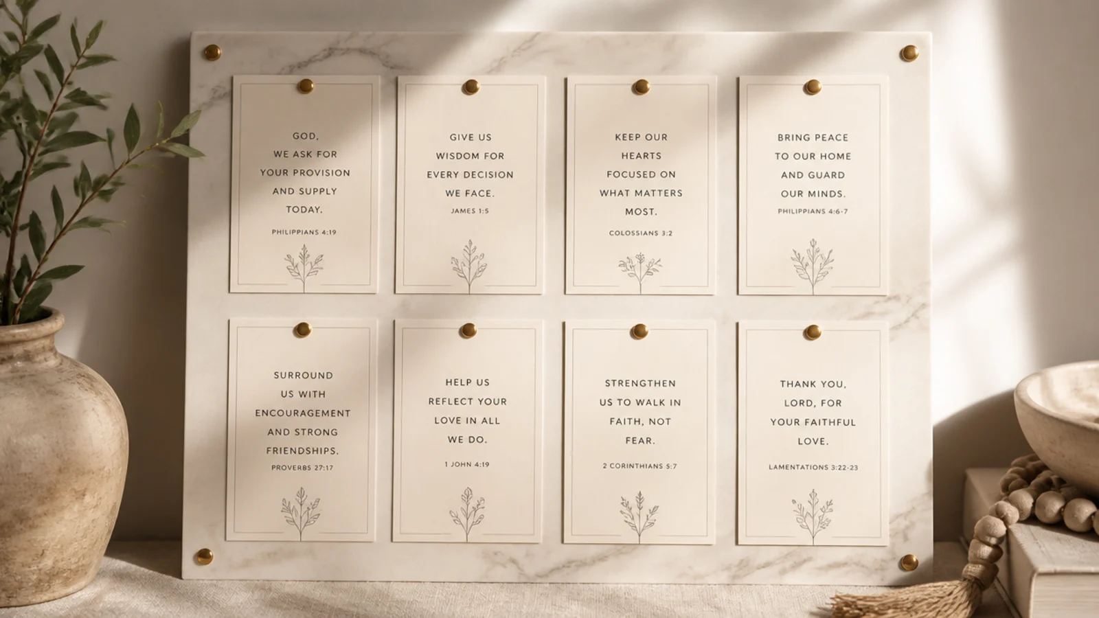 A board backed with soft marble-look paper holding minimalist black-type verse cards.
