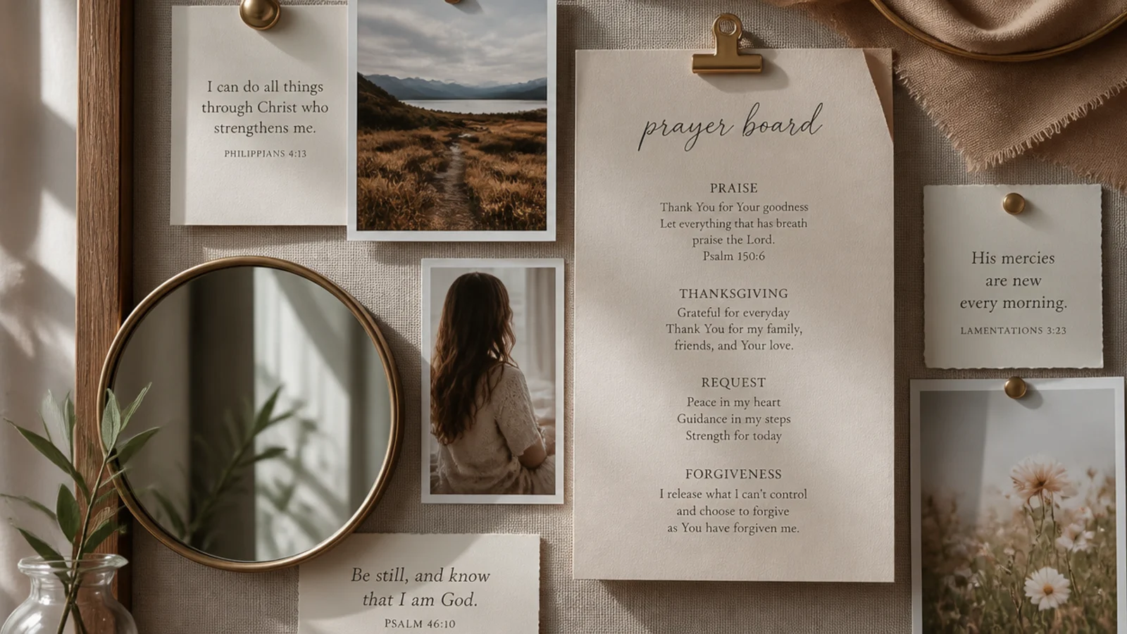 Overlapping frames, cards, and a small mirror layered on a board for a rich collected look.