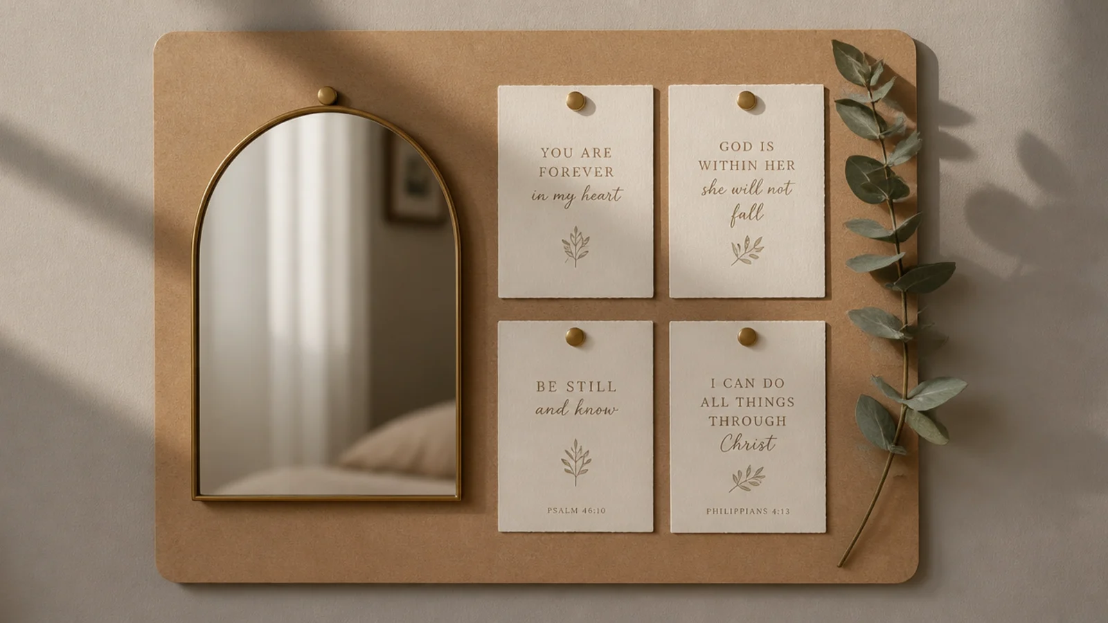 A small arched mirror mounted on a board surrounded by cream verse cards and a eucalyptus sprig.