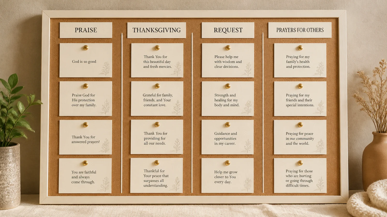 A cream-framed cork board divided into four labeled sections with neat request cards pinned in tidy rows.