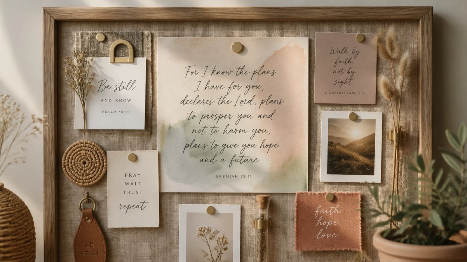 A soft watercolor-washed card with a hand-lettered Bible verse pinned as the centerpiece of a neutral prayer board.