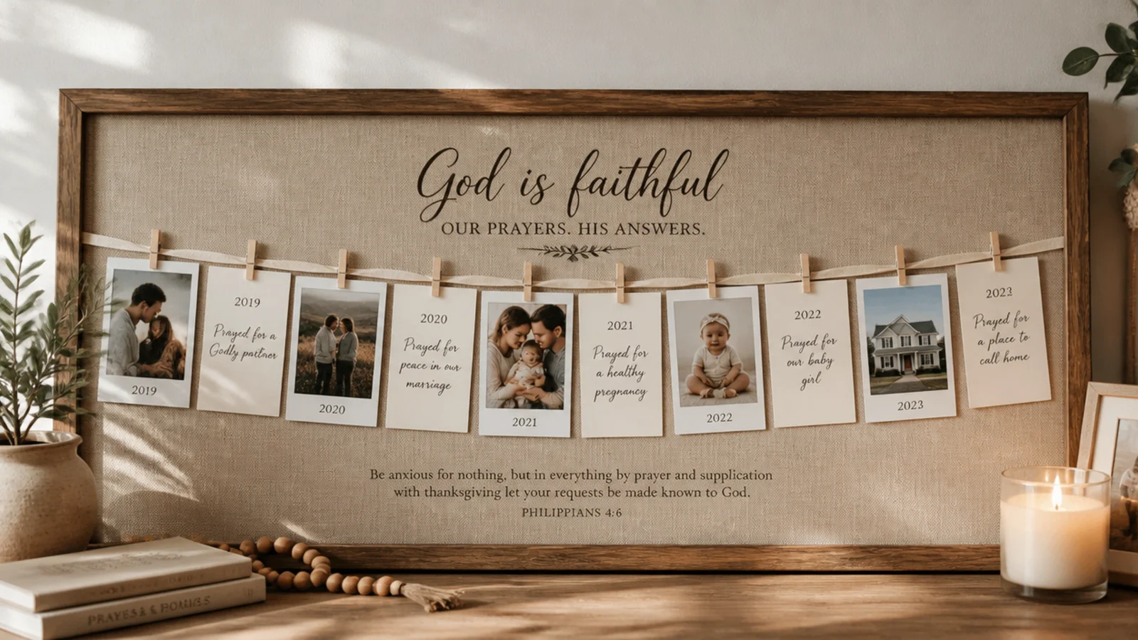 A horizontal row of small dated photos and note cards tracing answered prayers along a ribbon strung across a board.