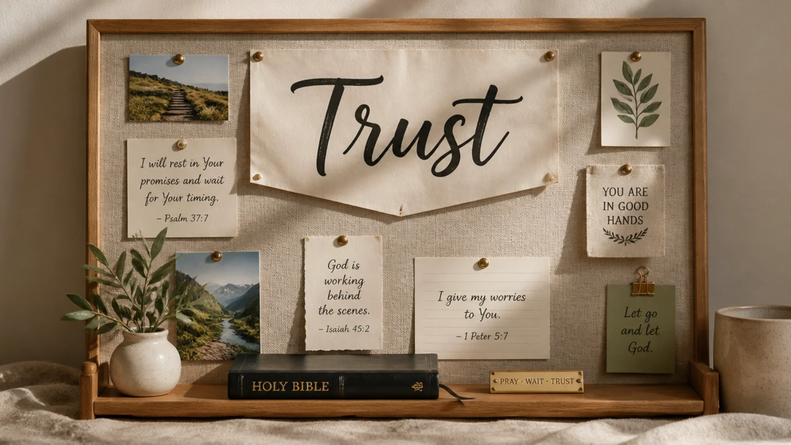A large single word like Trust hand-lettered on a banner card across the top of a tidy prayer board.
