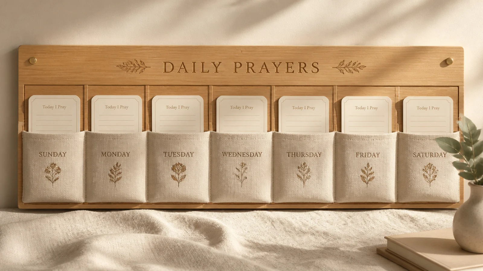 A board with seven small labeled fabric or paper pockets in a row, each holding cards for that day's prayers.