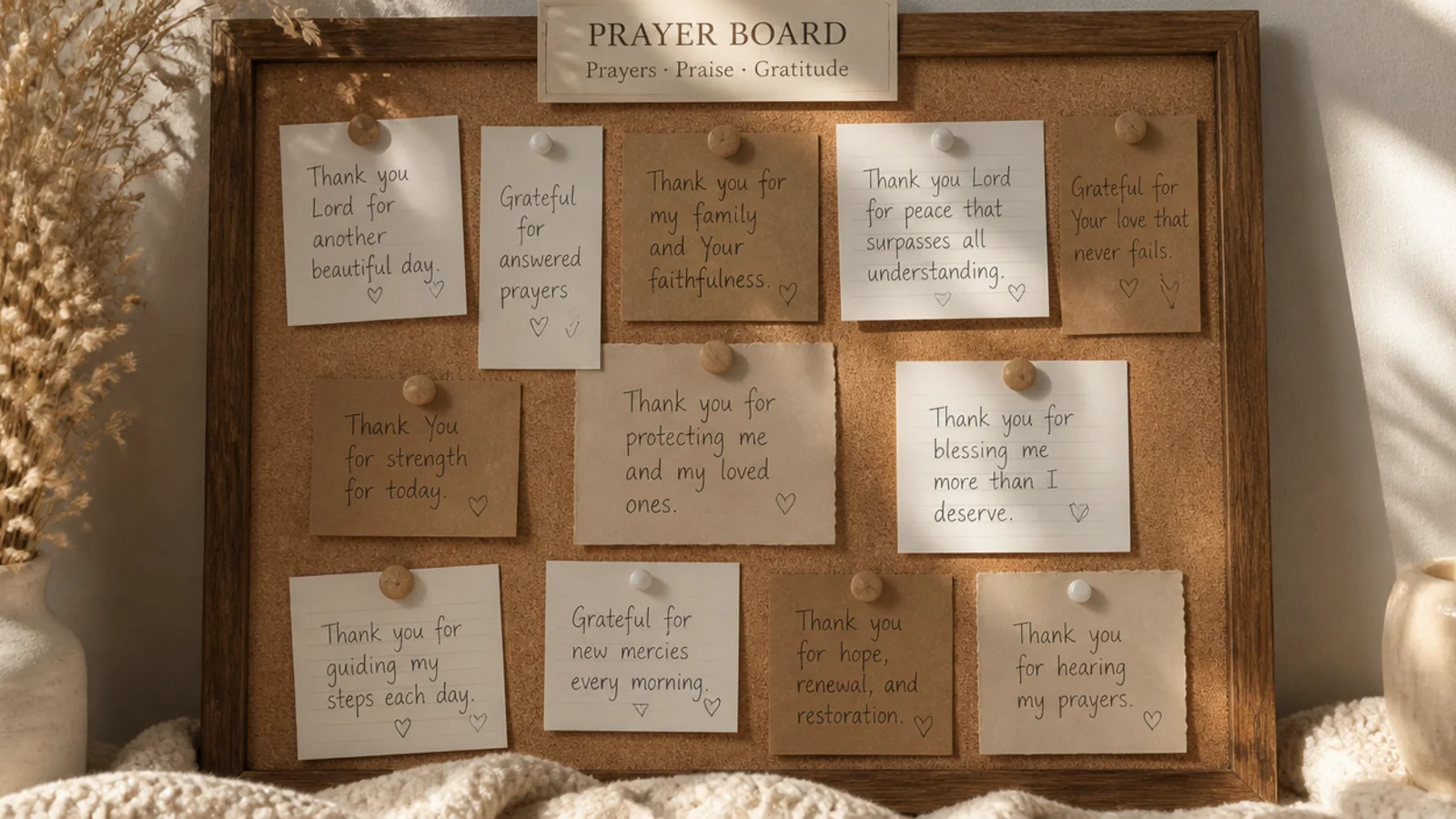 A dedicated corner of a prayer board filled with small handwritten thank-you notes in warm tones.