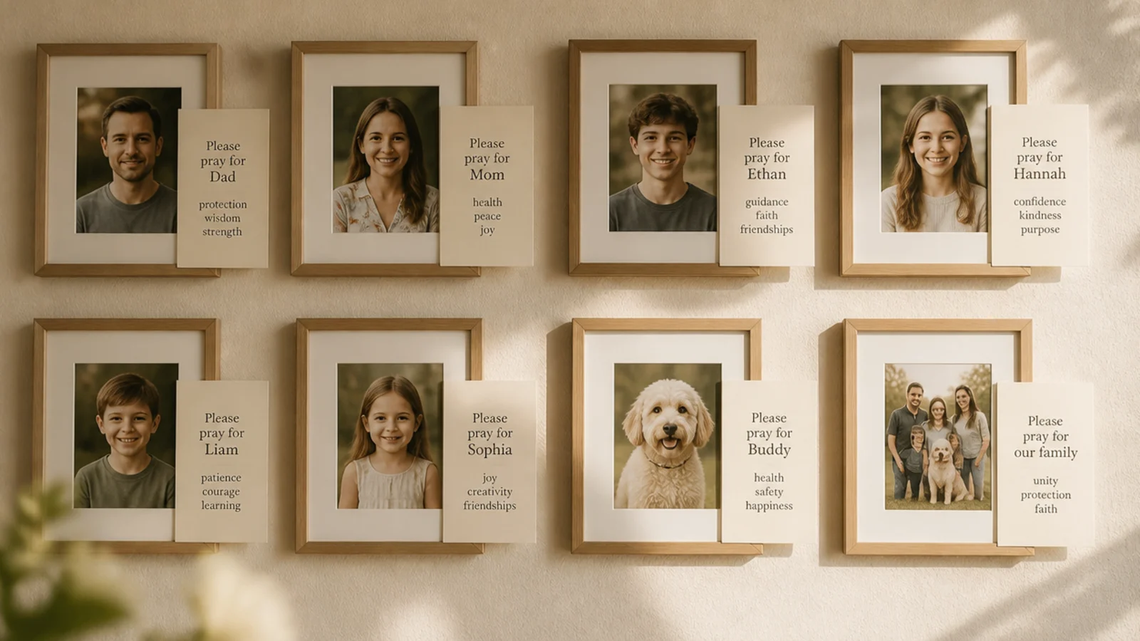 A neat grid of small framed family photos with a prayer request card tucked beside each person.