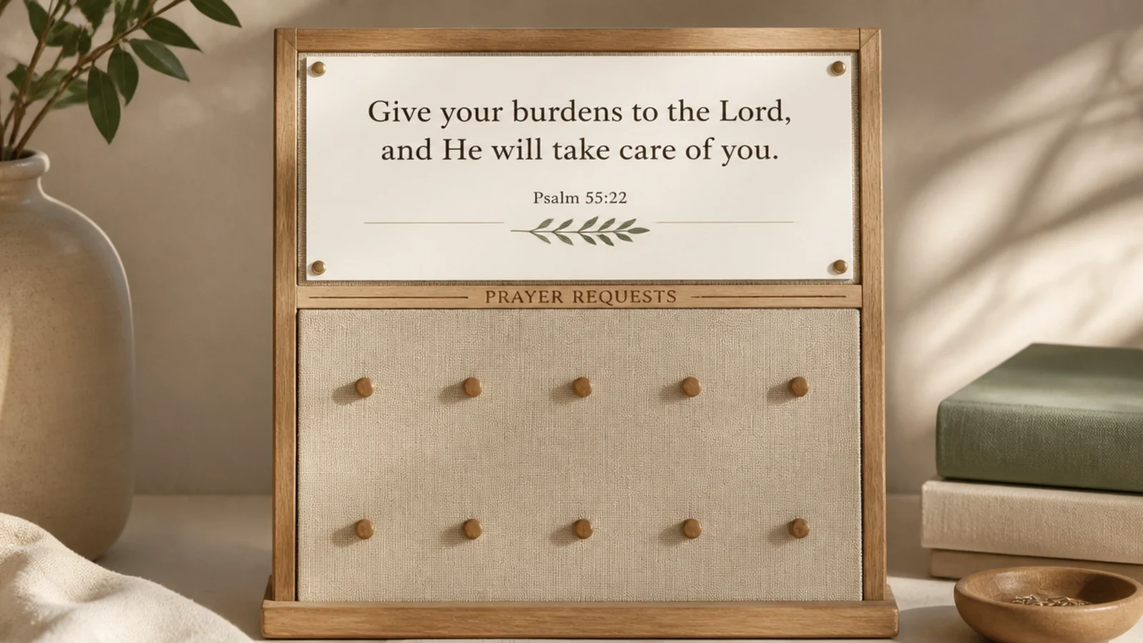 A small standing frame holding a printed Bible verse mounted at the top of a prayer board.