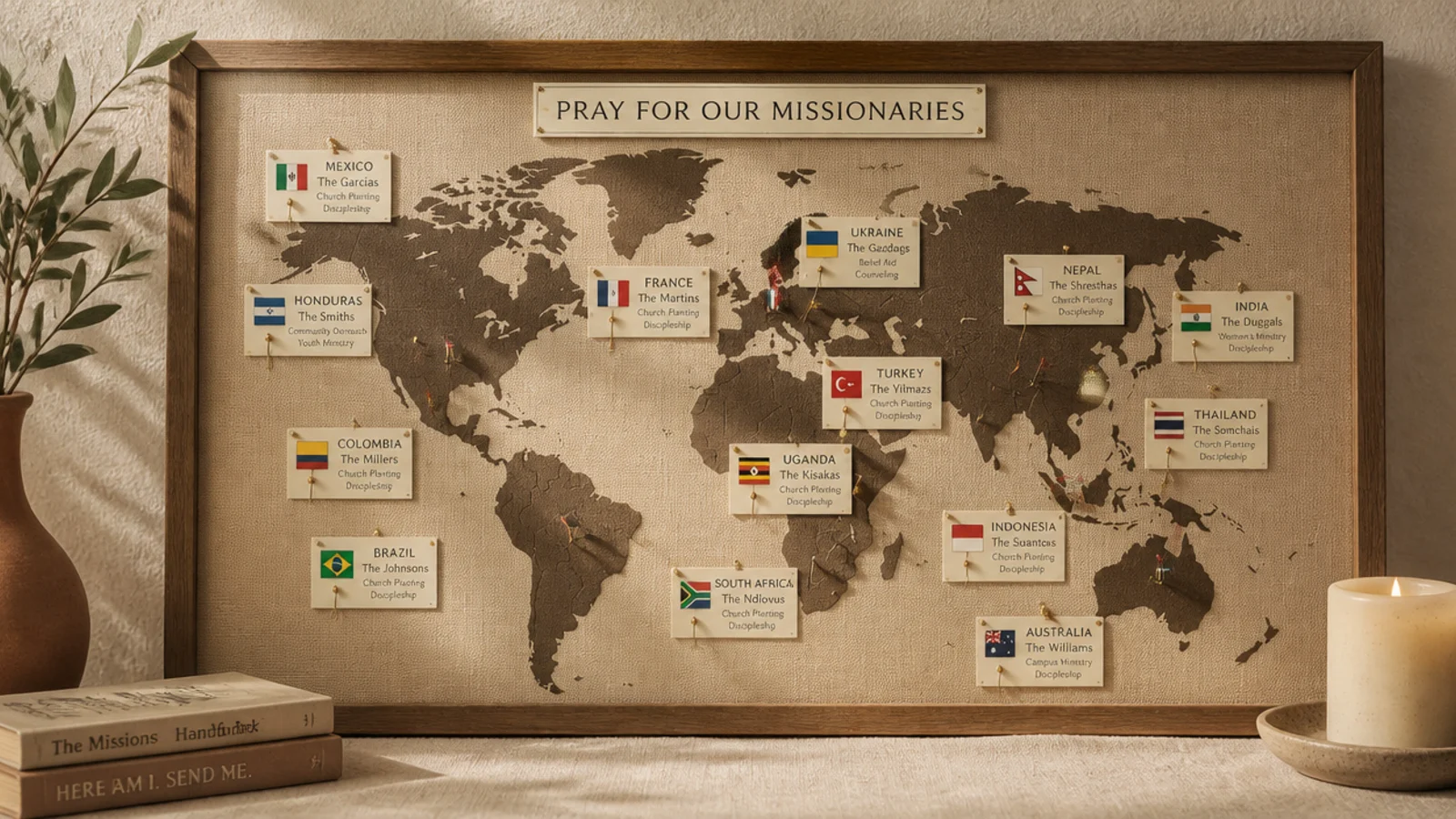 A small world map on a board with pins and tiny flag cards marking countries and missionaries being prayed for.