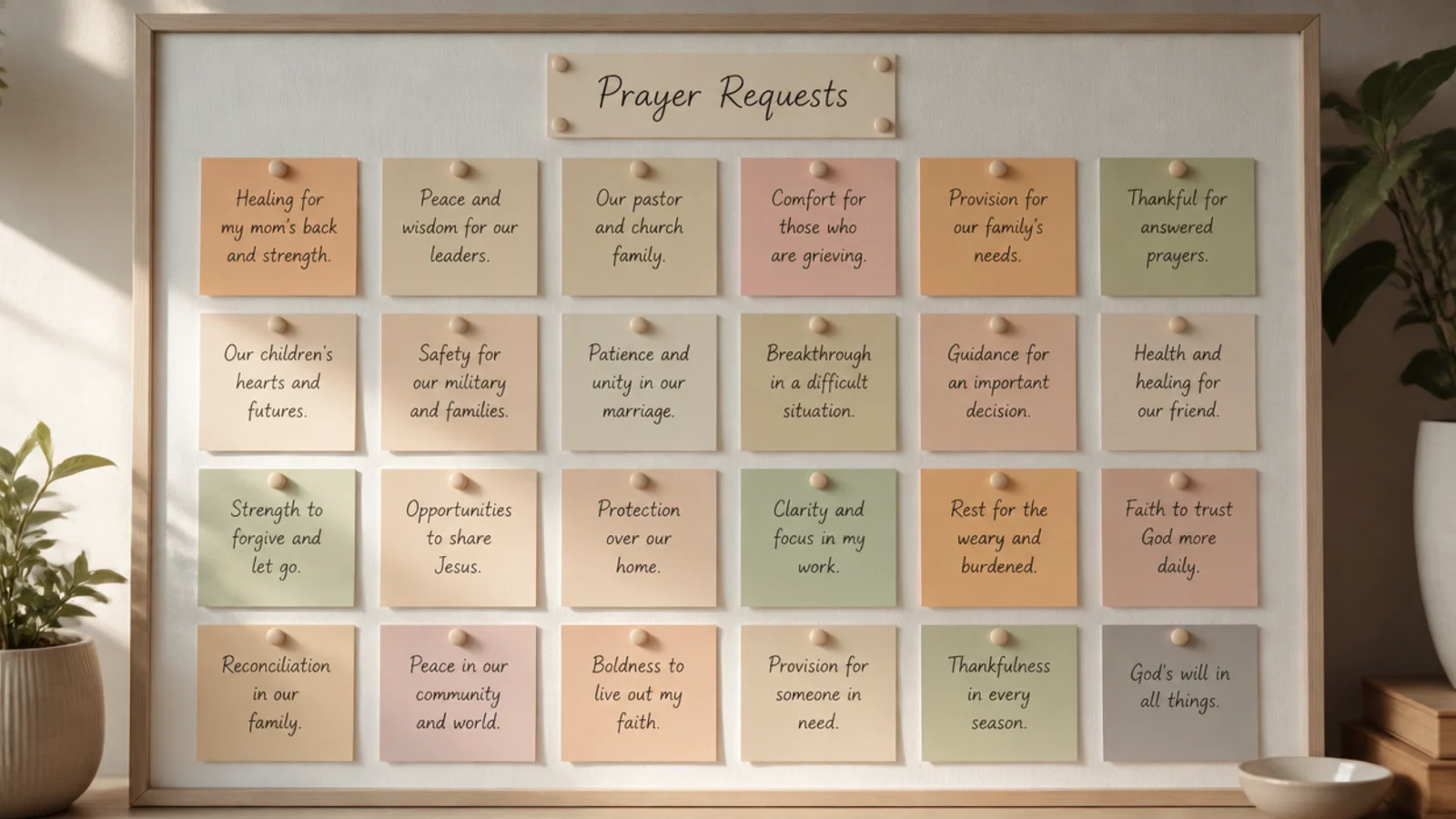 A board covered in neatly aligned pastel sticky notes, each holding one short prayer request.