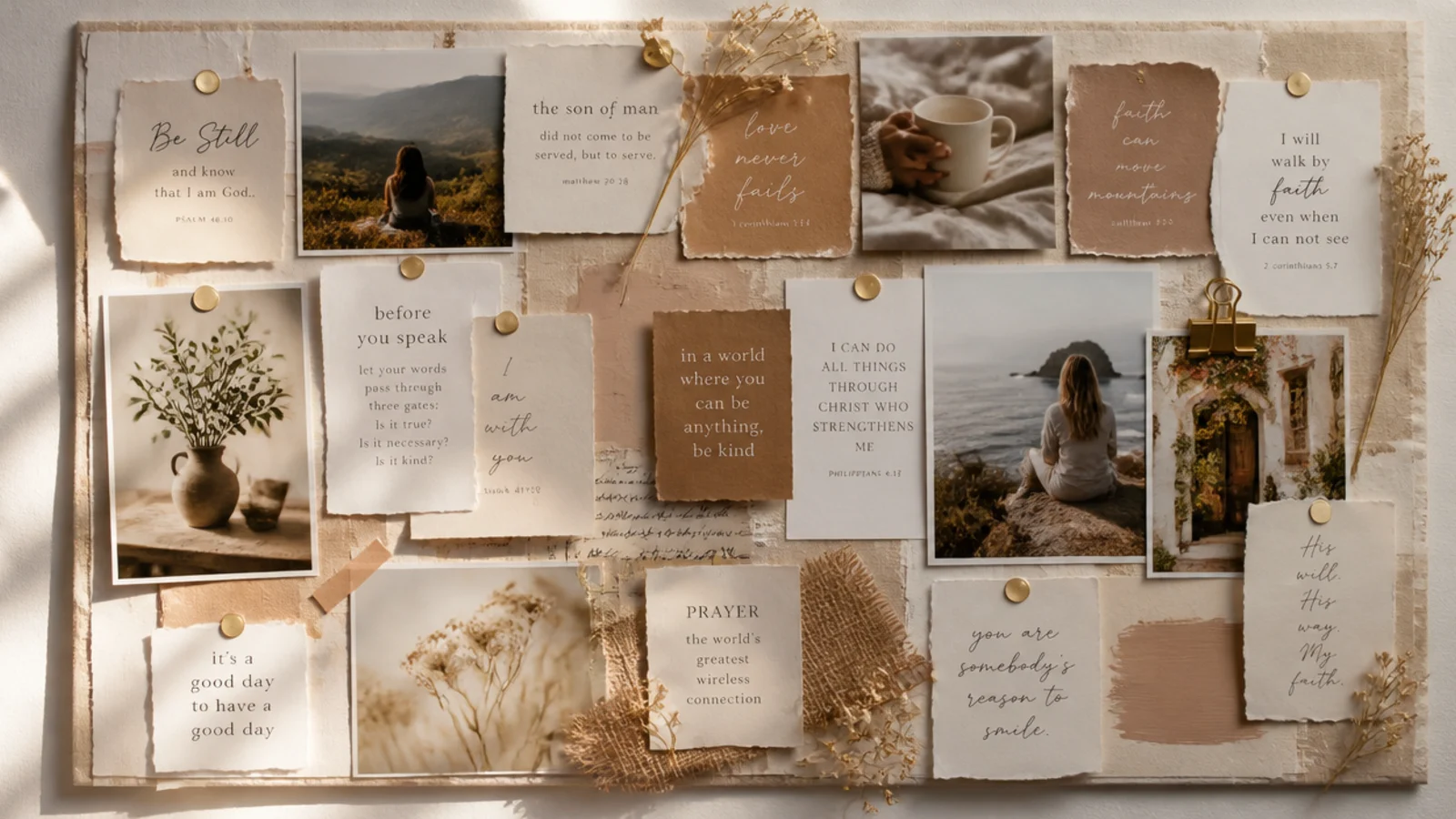 A layered collage board mixing torn paper, pressed flowers, verse snippets, and photos in a warm neutral palette.