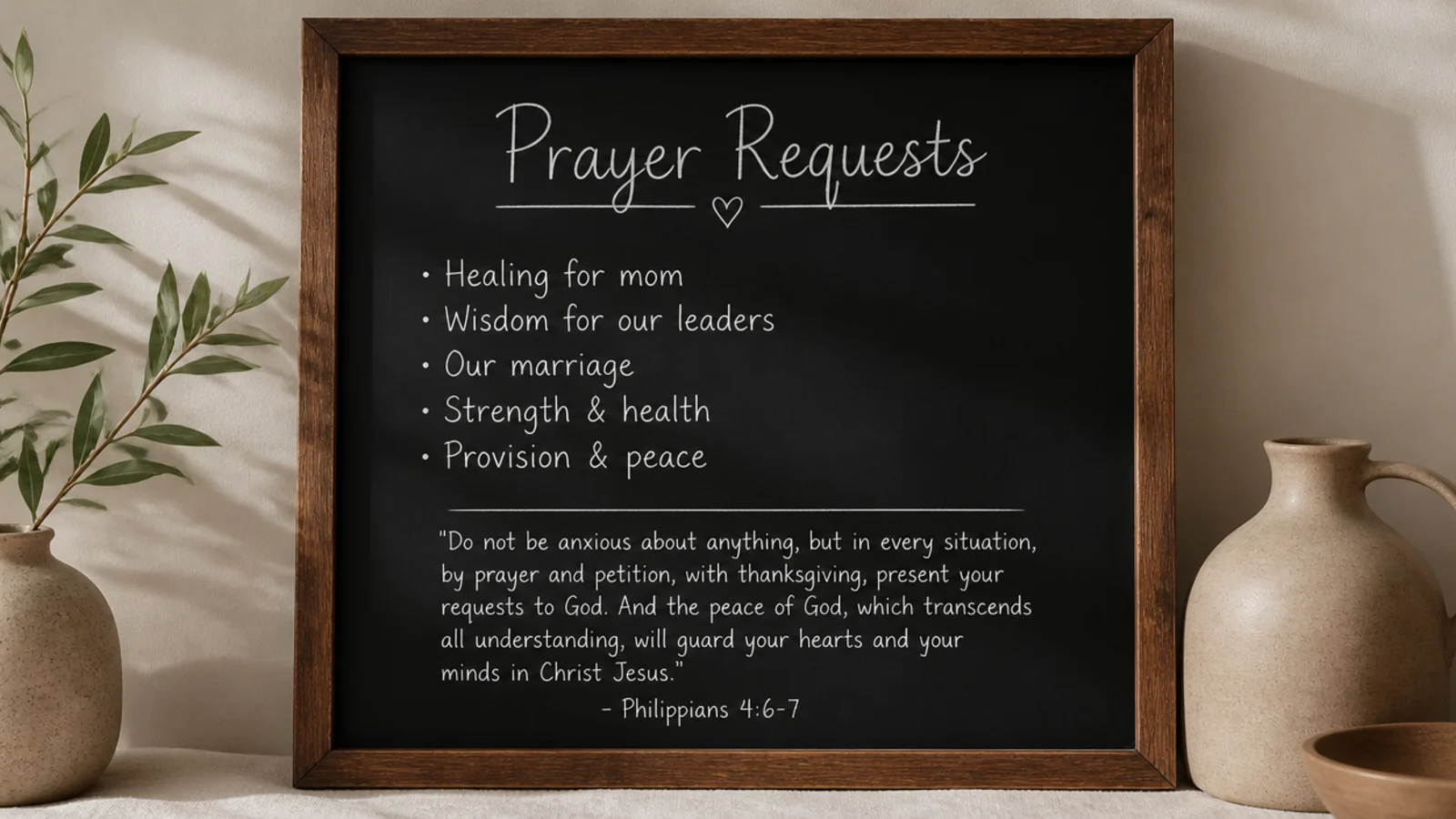A black chalkboard in a wood frame with prayer requests and a verse written in white chalk marker.