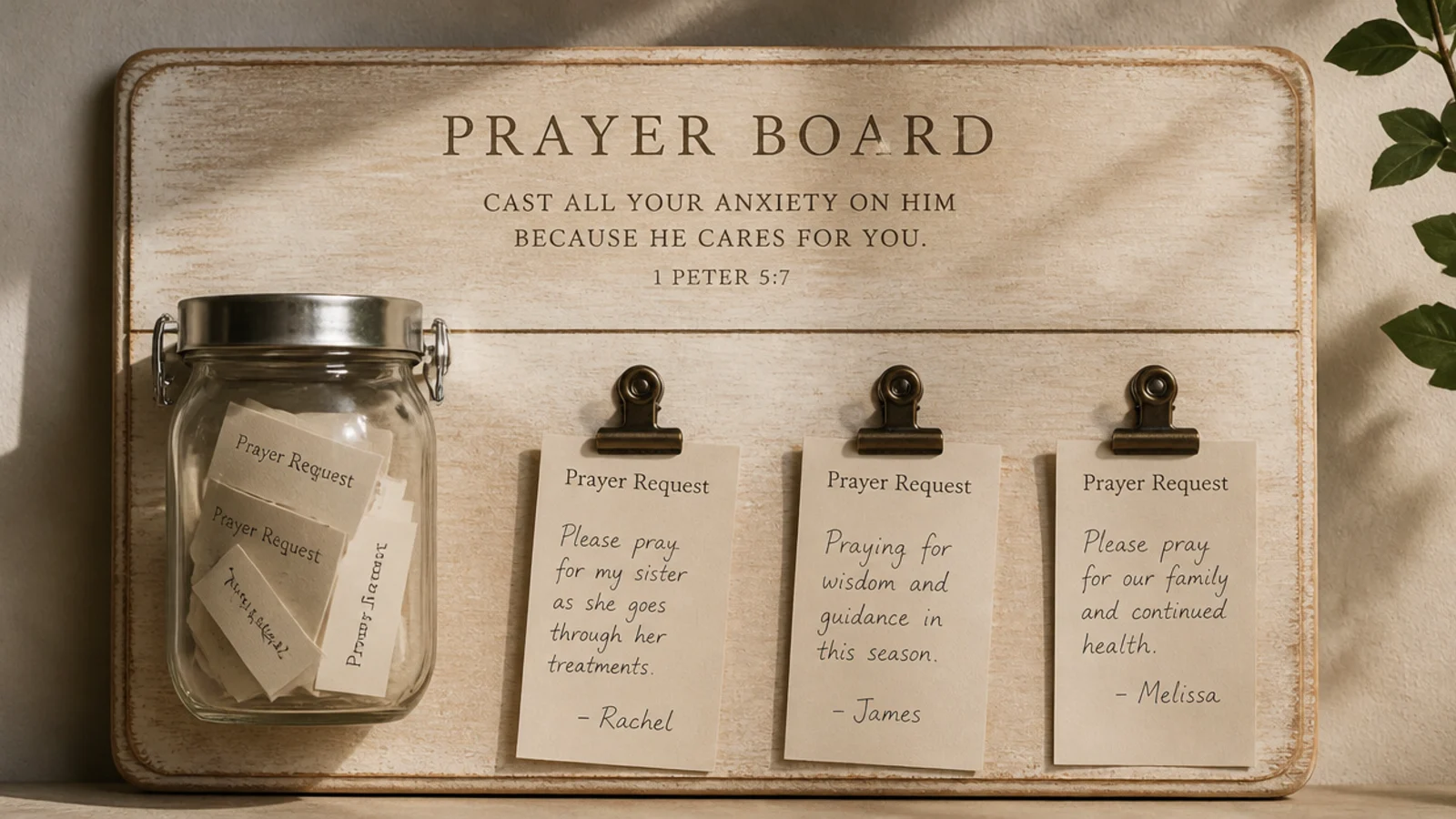 A small glass jar clipped to a prayer board, filled with folded slips of paper holding written prayers.