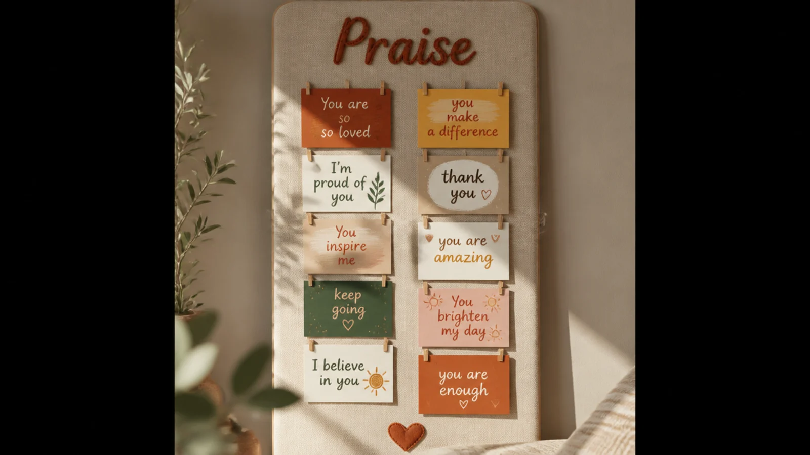 A vertical column on a board headed Praise, filled with short celebration cards in bright warm tones.