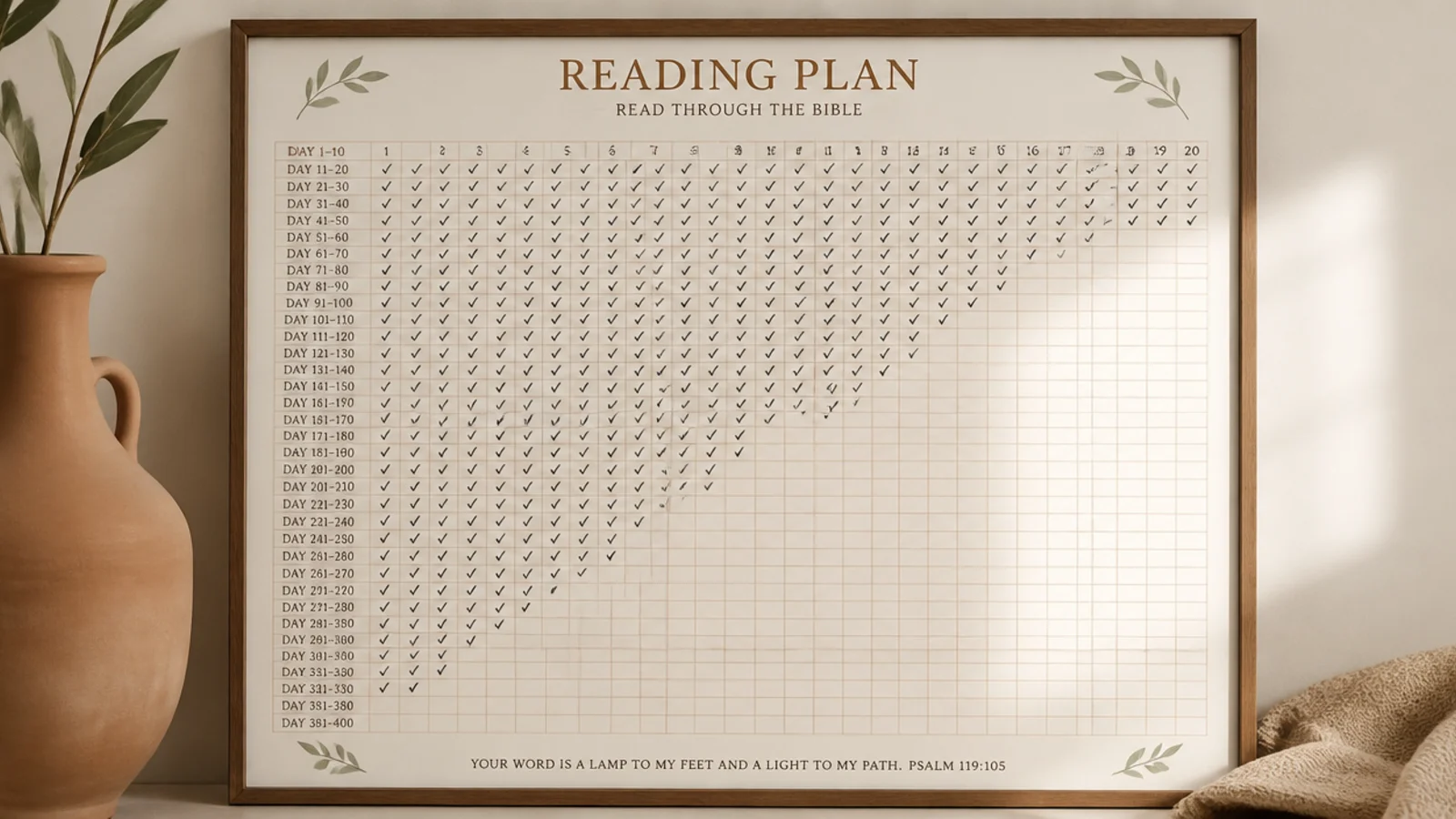 A gridded reading-plan chart on a board with small check marks filling in the days completed.