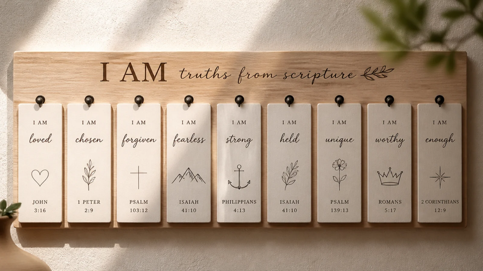 A row of narrow printed strips each holding a short I am truth from scripture in clean type.
