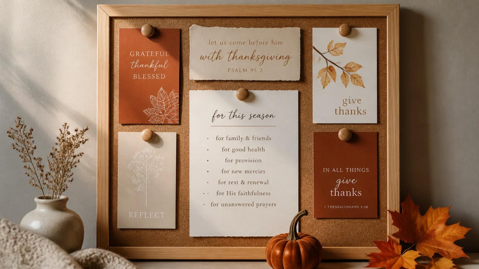A prayer board styled for a season with autumnal cards, a themed verse, and a small seasonal accent.