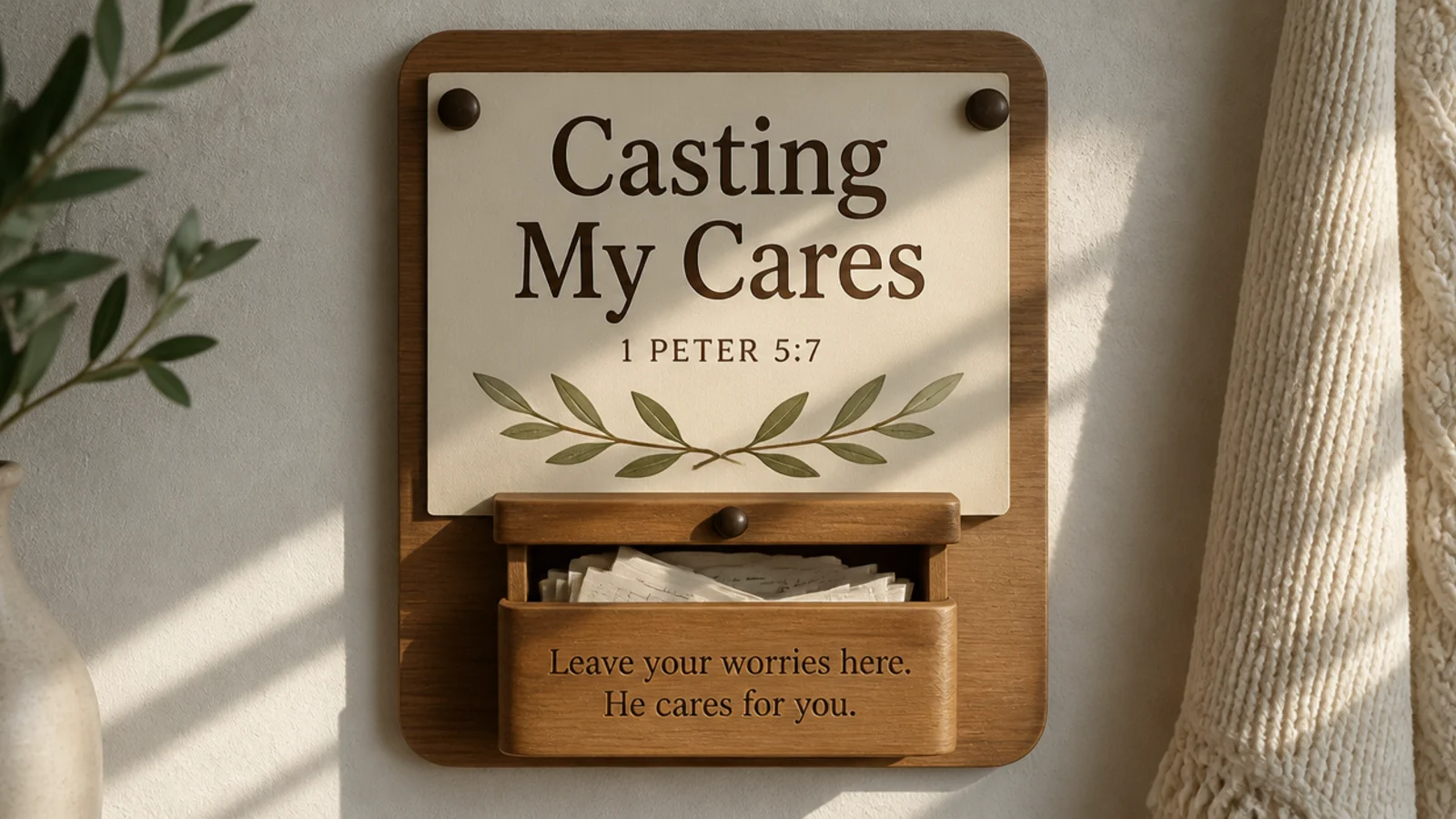 A small lidded box mounted below a board labeled Casting My Cares, holding folded worry slips.