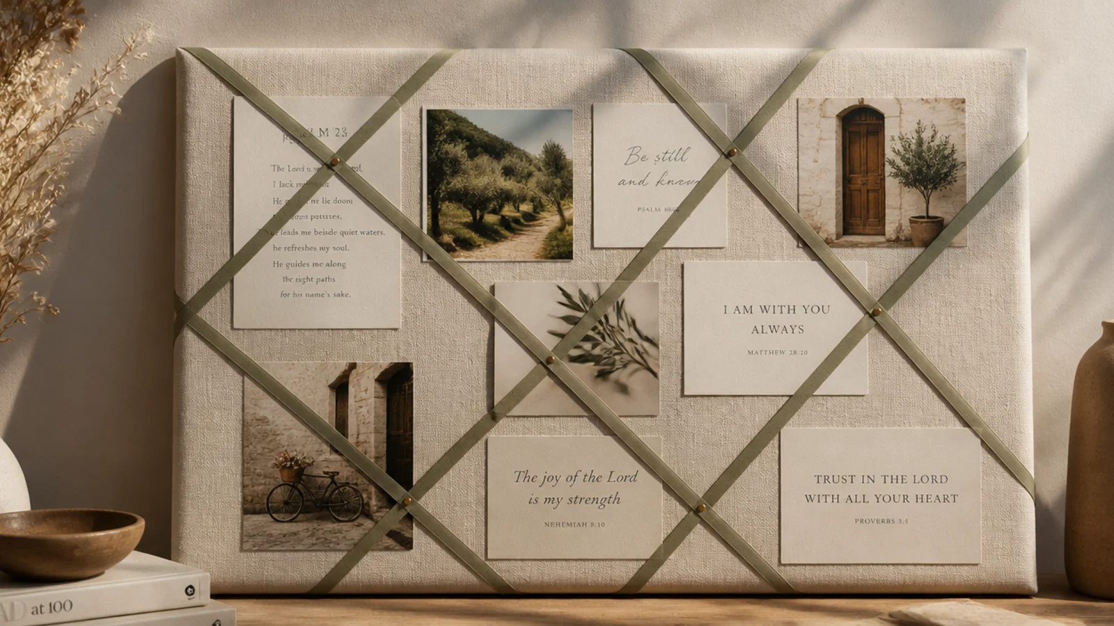 A linen-covered board with a diagonal ribbon lattice tucking scripture cards and photos behind crossing ribbons.