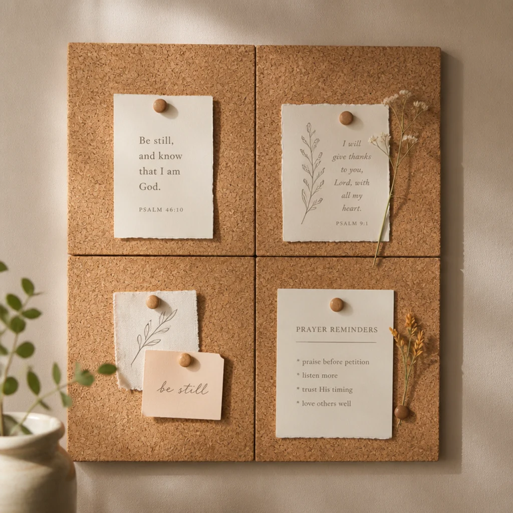 Four peel-and-stick cork tiles pressed into a square on a wall, holding a few pinned cream cards.