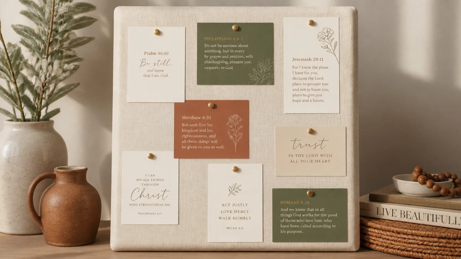 A lightweight foam board wrapped in cream fabric, holding pinned verse cards, leaning on a shelf.