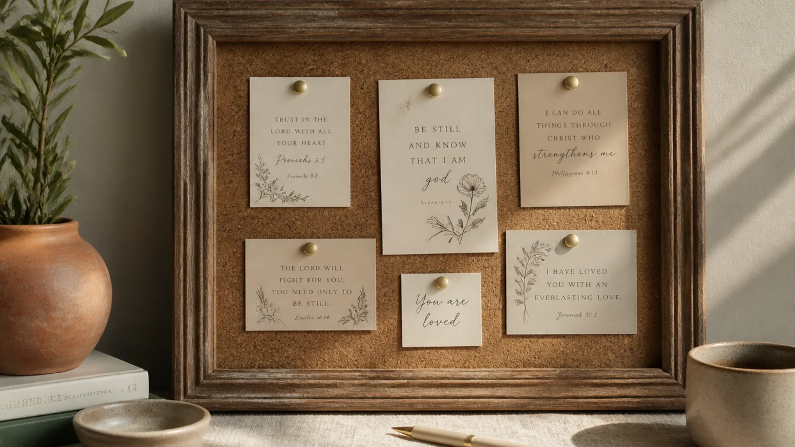 A thrifted wooden picture frame fitted with a cork insert, holding pinned scripture cards.