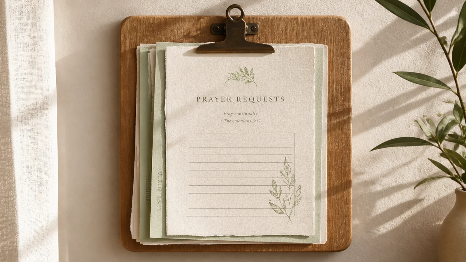 A wooden clipboard hung on a hook holding a stack of scripture and request pages.