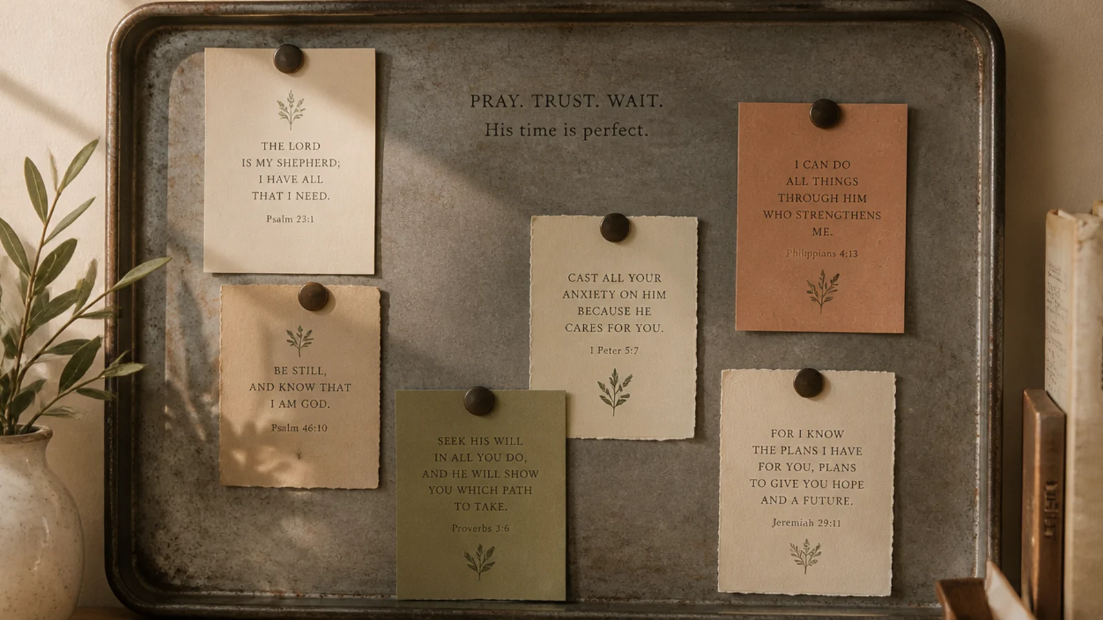 A metal cookie sheet mounted as a magnetic board with verse cards held by small round magnets.