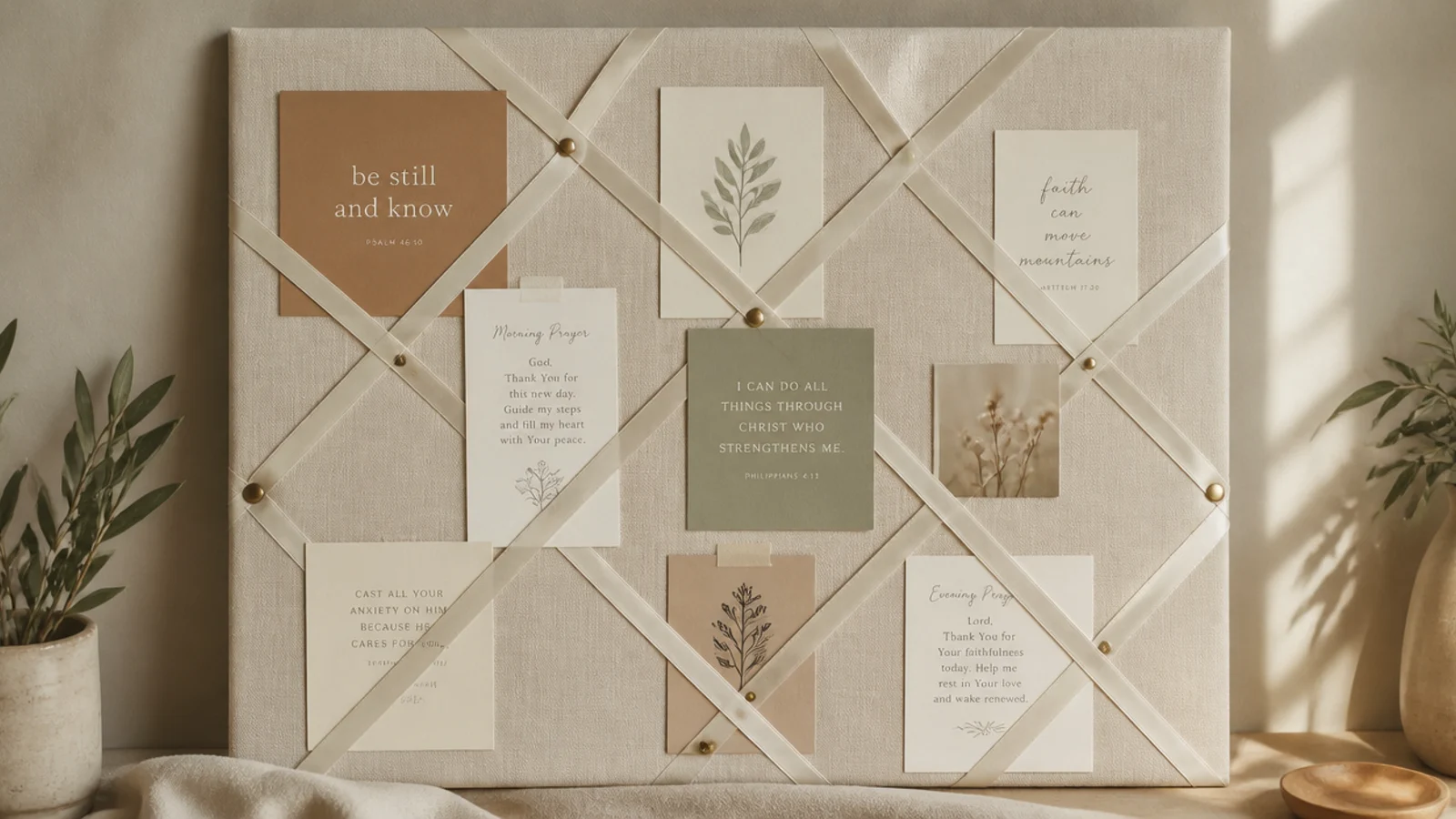 A fabric-wrapped board crisscrossed with ribbon holding cards tucked behind the diagonal strips.