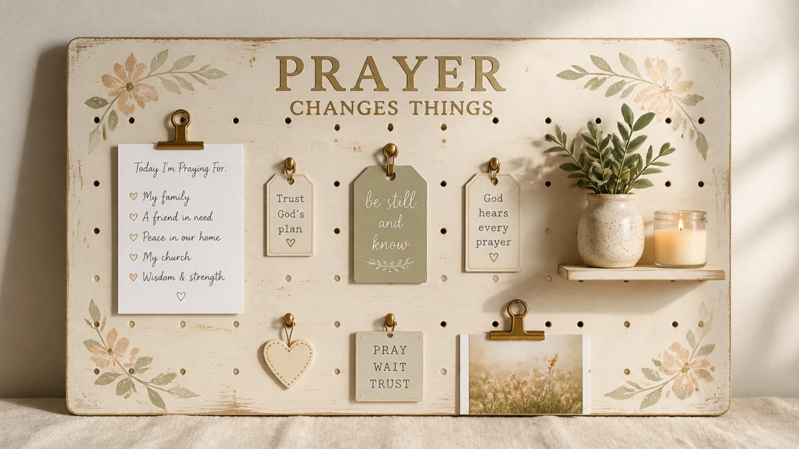 A painted pegboard with small hooks and clips holding cards, tags, and a tiny shelf.