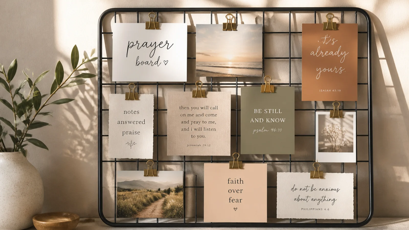 A black wire grid panel with cards and photos clipped on by small metal clips in a modern layout.