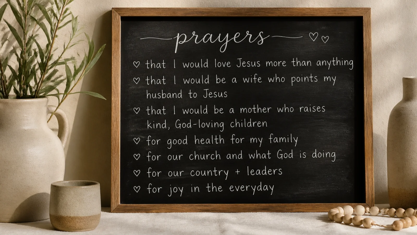 A rectangle of wood painted with chalkboard paint, framed simply, with prayers in white chalk marker.