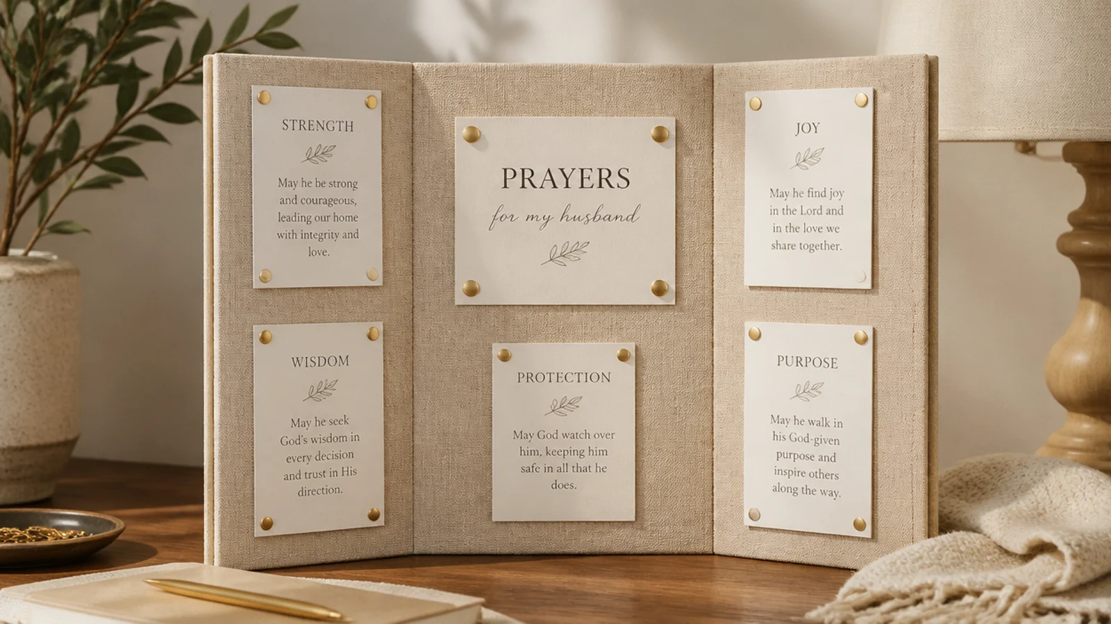 A small trifold display board covered in fabric holding cards, folded to stand on a desk.