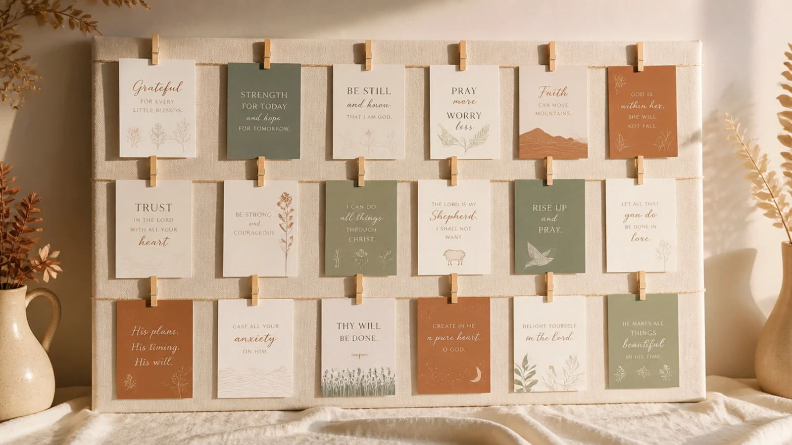 A stretched canvas with horizontal strings across it holding cards clipped in neat rows.