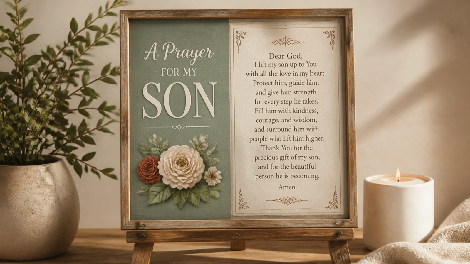 A small framed prayer board propped on a wooden tabletop easel beside a candle and a plant.