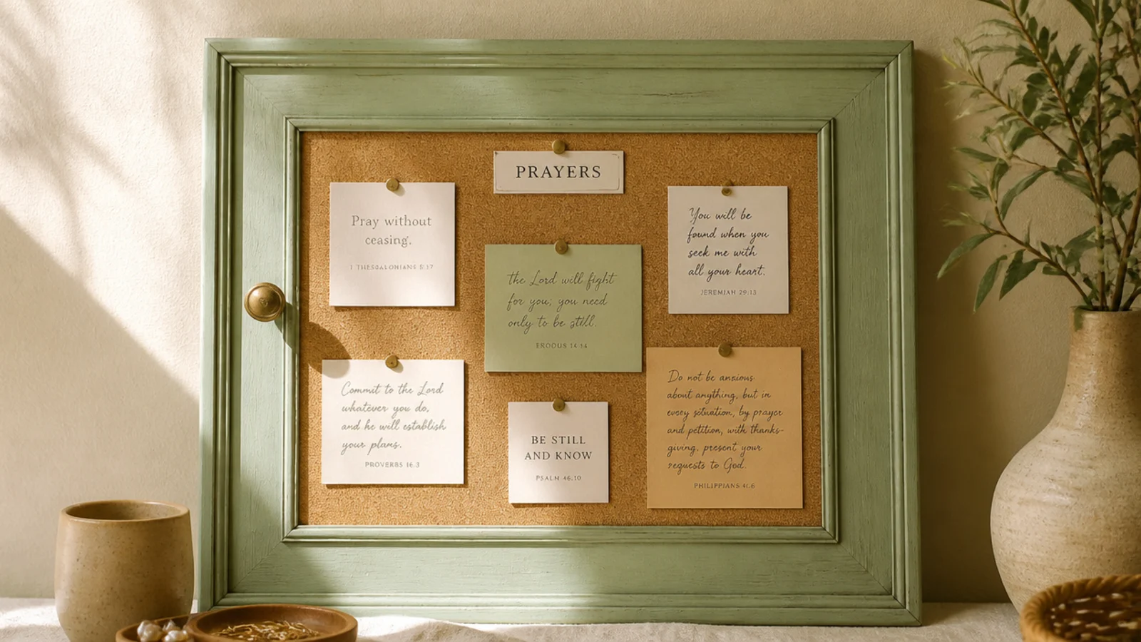 An old paneled cabinet door repainted and fitted with cork in its recessed panel, holding cards.