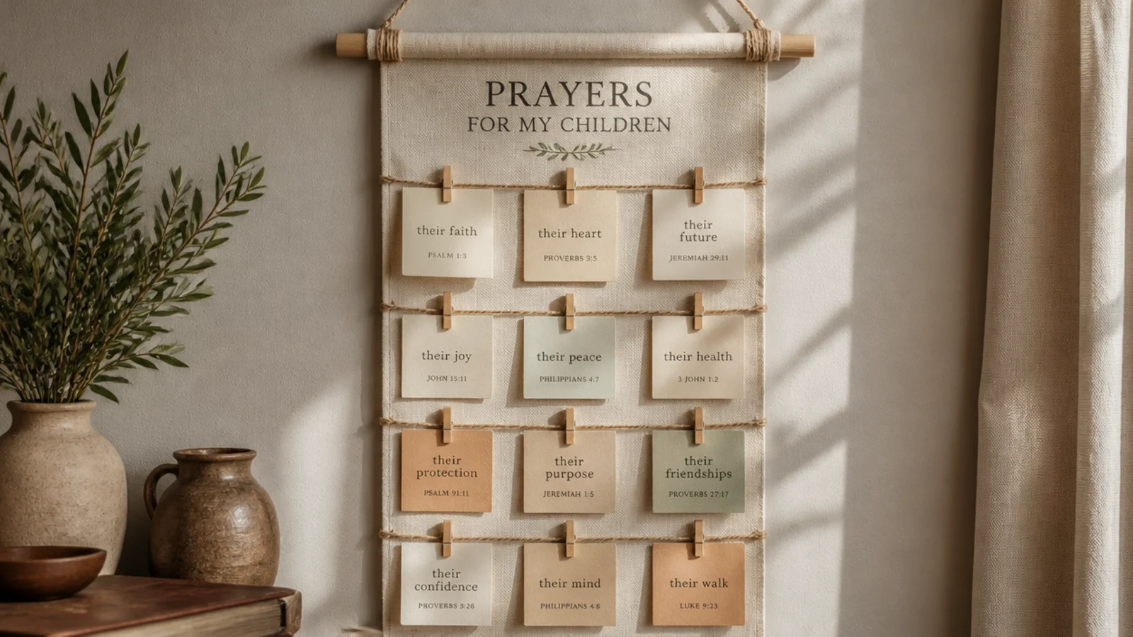 A fabric panel hung from a wooden dowel with twine, holding clipped cards down its length.
