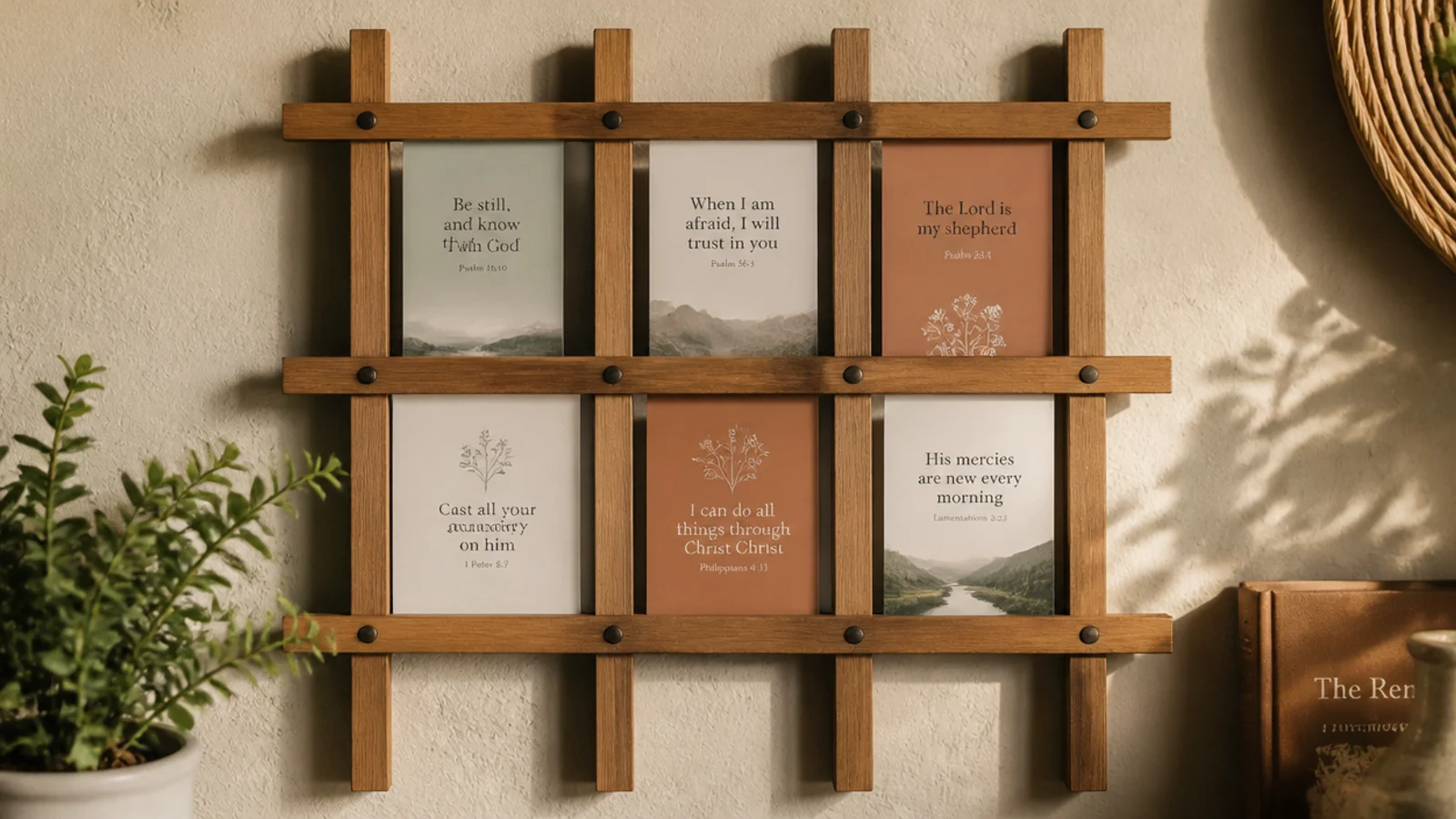 A small wooden garden trellis mounted on the wall with cards slotted between the crossing slats.