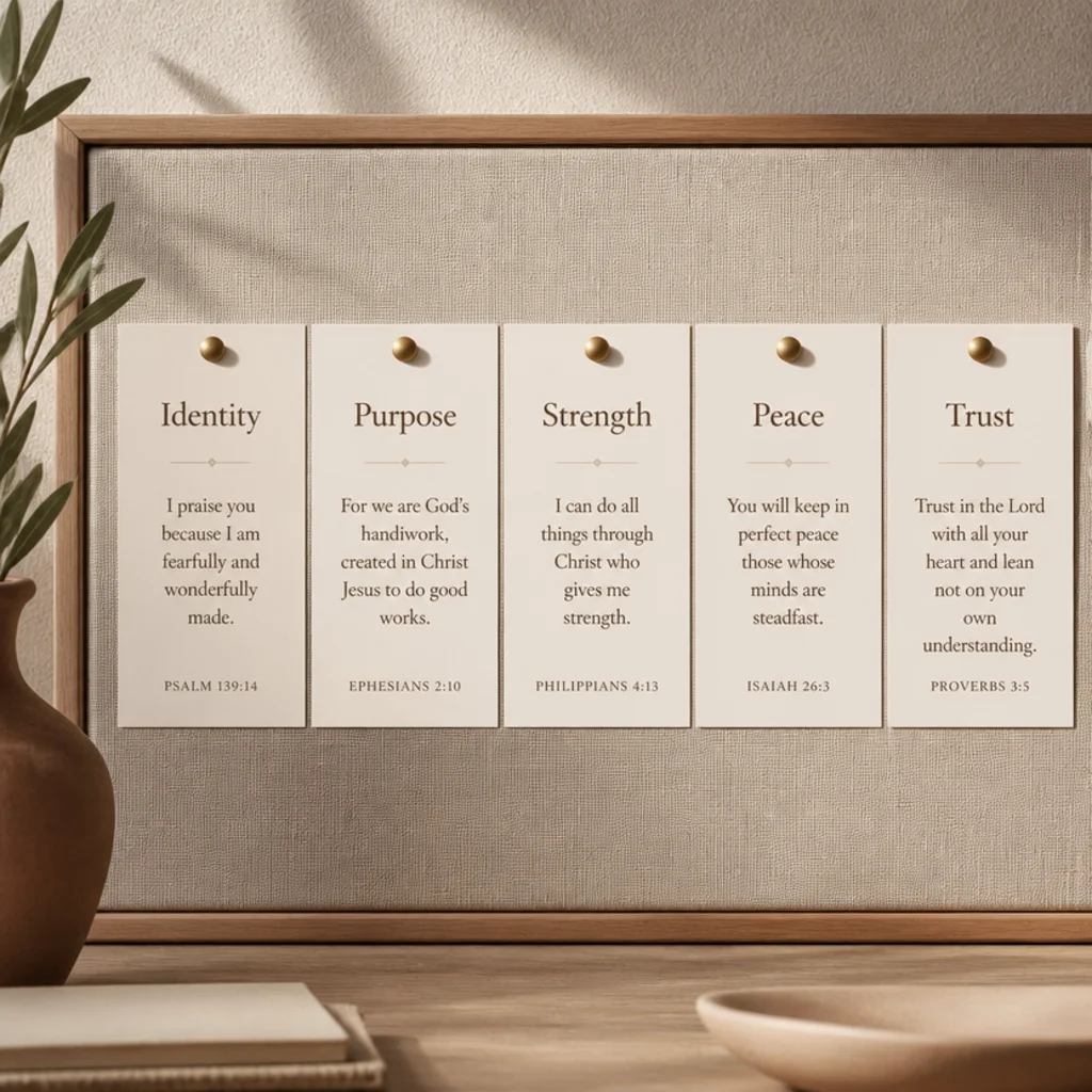 A set of matching cream scripture cards in one font pinned in a tidy row on a neutral board.