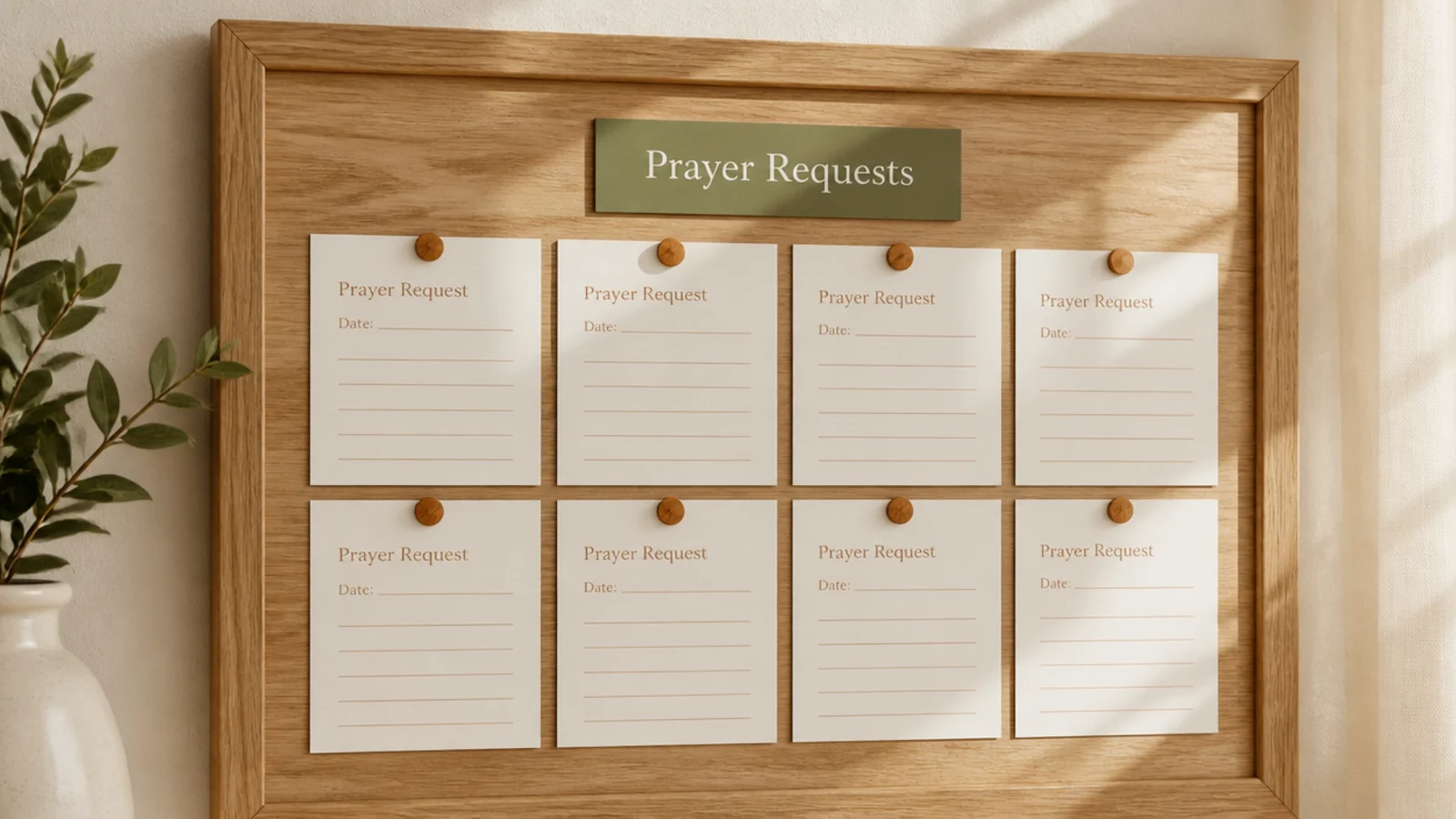 Printable fill-in request cards with lines for the request and date, pinned in a labeled zone.