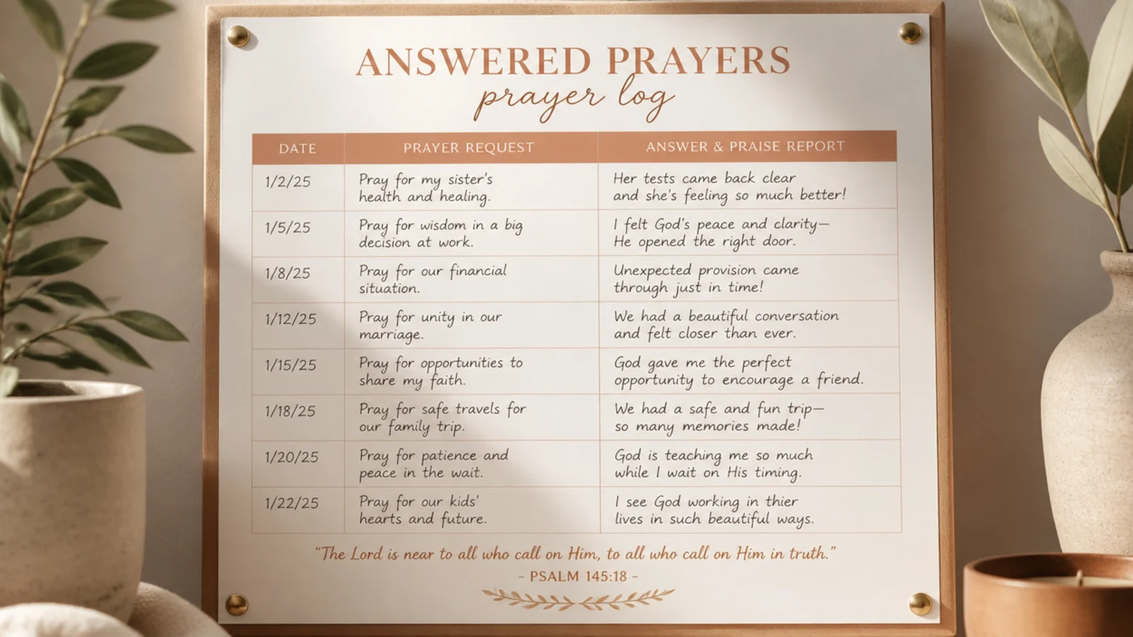 A printable answered-prayer log sheet with dated rows, laminated and mounted on a board.